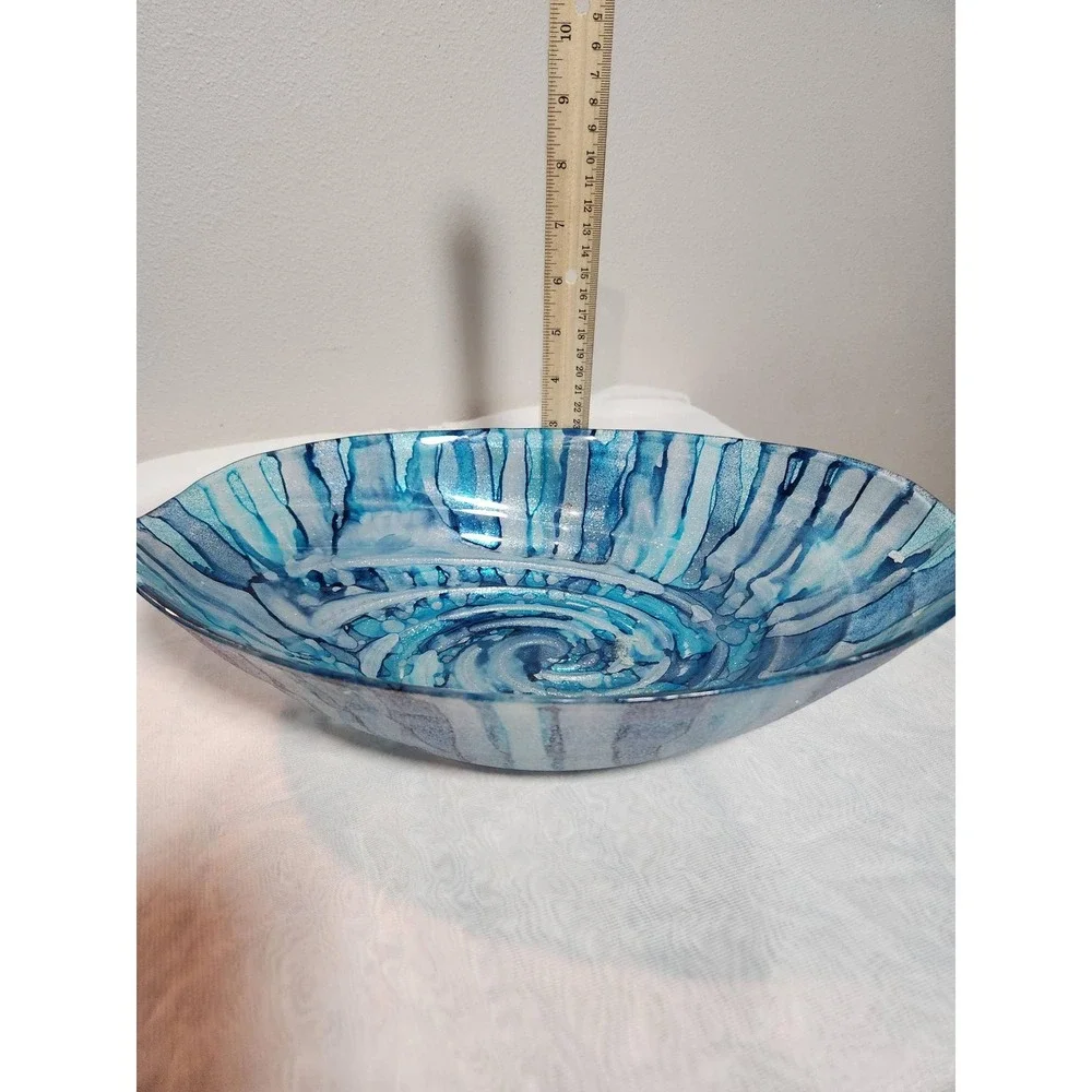 Blue Swirl Art Glass Centerpiece Bowl Oval Decorative Fused Glass Dish 12 Inch